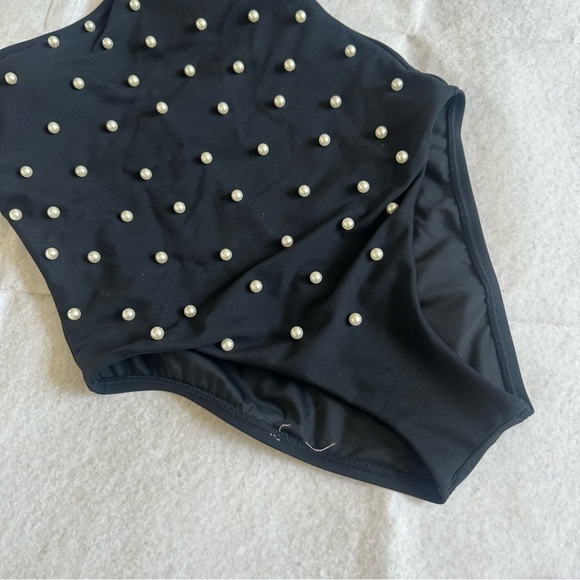NWT Antonio Melani Solid Pearl Embellished Square Neck Low Back 1 Piece Swimsuit - Picture 7 of 11